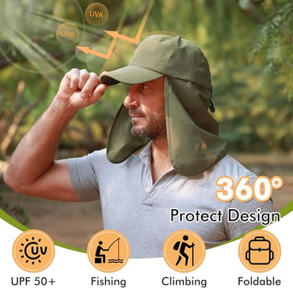 Tirrinia Wide Brim Sun Hat with Neck Flap for Men & Women, Breathable Hiking Fishing Safari Hat, Outdoor UV Protection Cap - color: Green