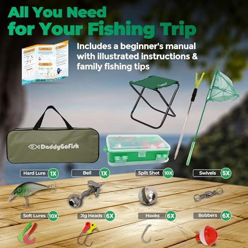 DaddyGoFish Kids Fishing Pole - Rod Reel Combo Tackle Box Starter Set - First Year Small Dock Gear Kit for Boys Girls Toddler Youth Age Beginner Little Children Junior Anglers Older Kids - color: Green