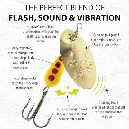 Panther Martin Classic Regular Teardrop Spinners Fishing Lure Catches Trout, Walleye, Nothern Pike, Largemouth Bass, Perch, Crappie & More. - color: Gold Yellow, size: 6 (1/4 oz)