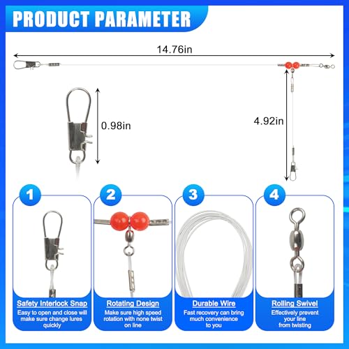 Fishing Leaders Saltwater Fishing Rigs Fishing Wire Leaders with Swivels Snaps High-Strength Fishing Leader Line Rig Bottom Rig Nylon Steel Sea Surf Fishing Rigs Tackle 1Arm 2Arms - color: White Nylon, style: 1 Arm, 12pcs