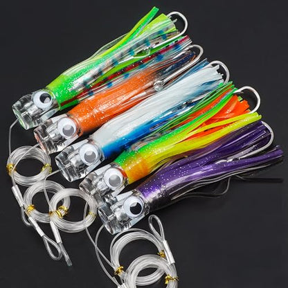 Saltwater Fishing Lures 6/9inch Trolling Lures for Marlin Mahi Tuna Dolphin Shark Big Game Deep Sea Fishing Baits Squid Skirts Rigged Hooks Ocean Gear Tackle - color: Purple-1pcs, size: 6inch