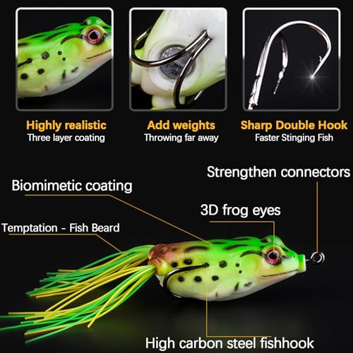 5Pcs Topwater Frog Lures Sets with Bait Box Ray Frog Topwater Fishing Crankbait Lures, for sea bass Snakehead Fish, Frog Soft Bait unaffected by Weed barriers