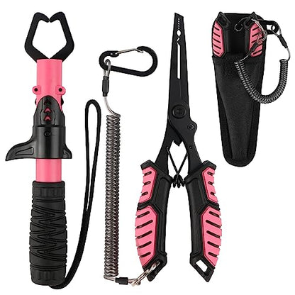 mouhike Fishing Pliers Fish Lip Gripper Fishing Tool Kit Muti-Function Saltwater Fishing Line Cutter Hook Remover with Sheath Lanyard, Fly Ice Fishing Gear Fishing Gifts for Men Women - color: Pink & Black