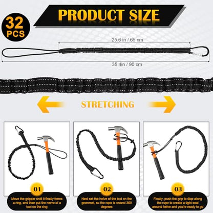 LEIFIDE 32pcs Tool Lanyard Standard Length Safety Tool Leash 17.6lb 8kg Tough Adjustable Fall Protection Tether with Aluminum Screw Lock Buckle, Shock Cord Stopper and Retractable Loop End, Black