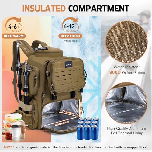 Goture Fishing Backpack with 4 Tackle Boxes,58L 900D Water-Resistant Tackle Backpack with Cooler,Rod Holders,8 Lure Pockets, Detachable Crossbody Bag,Gear Storage Large Fishing Bag for Camping Hiking - color: D1:khaki With 4 Tackle Boxes