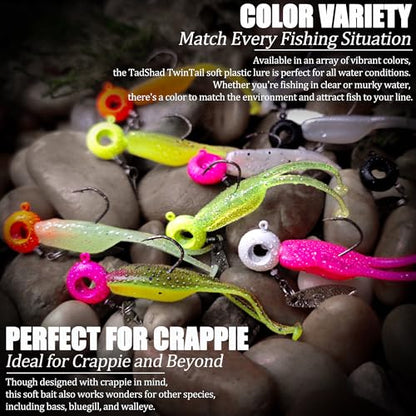 Crappie Lures Jig Heads Worms Swimbaits Kit, 110 Pcs Underspin Crappie Fishing Jig Heads Soft Plastic Grub Baits for Panfish Bluegill Bass Trout Freshwater Saltwater - color: 110Pcs - Crappie Jigs, Split TwinTail Shad