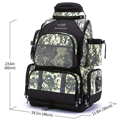 BASSDASH Fishing Tackle Backpack Water Resistant Tactical Bag Soft Tackle Box with Rod Holder and Protective Rain Cover - color: Jungle Camo Backpack [3670] Without Trays