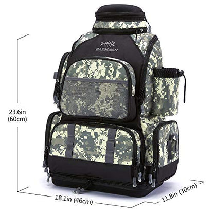 BASSDASH Fishing Tackle Backpack Water Resistant Tactical Bag Soft Tackle Box with Rod Holder and Protective Rain Cover - color: Jungle Camo Backpack [3670] Without Trays