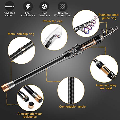 BlueFire Fishing Rod Kit, Carbon Fiber Telescopic Fishing Pole and Reel Combo with Spinning Reel, Line, Lure, Hooks and Carrier Bag, Fishing Gear Set for Beginner Adults Saltwater Freshwater - color: 2.1M