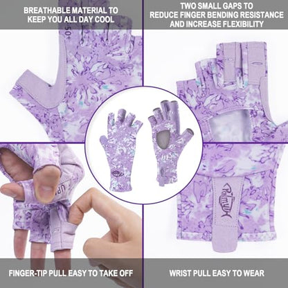 Palmyth UV Protection Fishing Fingerless Gloves UPF50+ Sun Gloves Men Women for Kayaking, Hiking, Paddling, Driving, Canoeing, Rowing - color: Air-Reefscale-Reef Lilac, size: Small