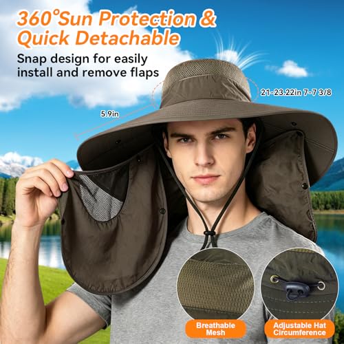 Super Wide Brim Fishing Hat UPF 50+ Sun Safari Hat with Removable Neck Face Flap - color: Army Green