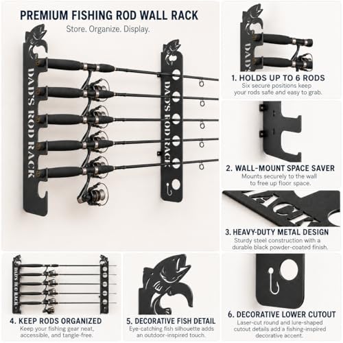 Personalized Fishing Rod Holder Wall Mount Custom Dad’s Rod Rack Metal Fishing Pole Storage Rack for Garage Cabin Lake House Man Cave Fishing Gear Organizer Holds 6 Rods