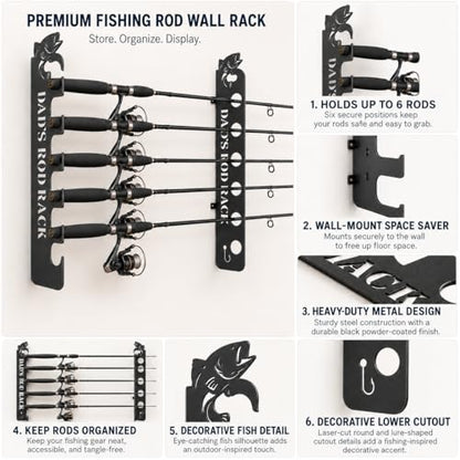 Personalized Fishing Rod Holder Wall Mount Custom Dad’s Rod Rack Metal Fishing Pole Storage Rack for Garage Cabin Lake House Man Cave Fishing Gear Organizer Holds 6 Rods