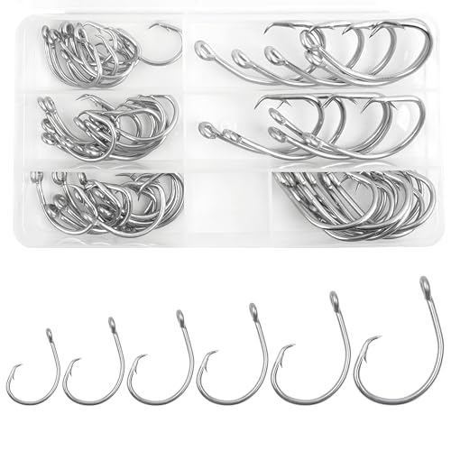 Circle Hooks Saltwater Fishing Hooks 30pcs Offset Wide Gap Live Bait Circle Hook Stainless Steel for Freshwater Fishing Catfish Tuna Bluegill Bass #5/0-#10/0 - style: 50pcs Circle Hooks Kit
