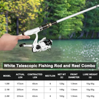 White Fishing Pole Combo, 2PCS 5.9FT Telescopic Fishing Rod and Reel Combo Spinning Reels Lures Set Fishing Line Carrier Bag for Travel Saltwater Freshwater Fishing Collapsible Fishing Kits