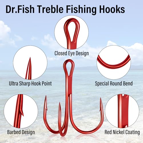 Dr.Fish 50 Pack Treble Fishing Hooks, Red Round Bend Triple Grip Saltwater Freshwater High Carbon Steel Fish Hooks for Catfish Bass Trout Replacement Hard Baits Lures - size: #2/0-50 Pack