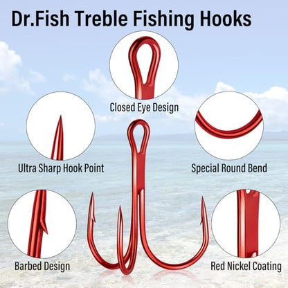 Dr.Fish 50 Pack Treble Fishing Hooks, Red Round Bend Triple Grip Saltwater Freshwater High Carbon Steel Fish Hooks for Catfish Bass Trout Replacement Hard Baits Lures - size: #2/0-50 Pack