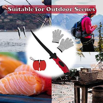 Fishing Fillet Knife Set, 7 Inches Professional Stainless Steel Blade Filet Knife for Fish, with Sharpener and Cutting Resistant Gloves, Fishing Gear, Fishing Tool Set, Red - color: Red