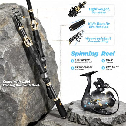 PLUSINNO Fishing Gear, Fishing Backpack with Fishing Rod, Tackle Box, Waterproof Tackle Backpack with Rod Holders,Lures, Tools, Pliers & Accessories, Fish Gifts for Men - color: Fishing Backpack with Fishing Rod and reel combo fishing gear