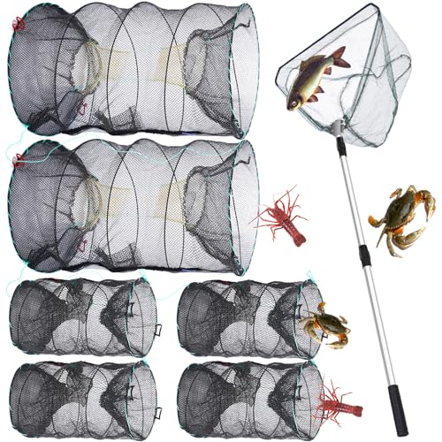 7 Pcs Fish Trap Minnow Trap Crab Trap Crawfish Trap Lobster Trap and Portable Folded Fishing Accessories 60 Inch Fishing Landing Net for Fishing