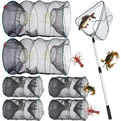 7 Pcs Fish Trap Minnow Trap Crab Trap Crawfish Trap Lobster Trap and Portable Folded Fishing Accessories 60 Inch Fishing Landing Net for Fishing