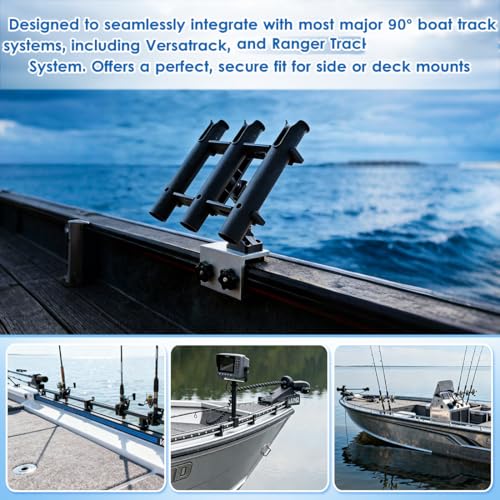 3 Pole Fishing Rod Holder with Aluminum 90° Boat Track Bracket Base 360° Rotating, Deck/Side Mount Rod Holder for Versatrack System/Ranger Track System