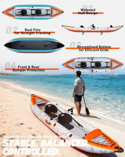 2 Person Inflatable Kayak Tandem Fishing Kayak for Adults, Portable Touring Kayak Canoe with Dual Floats, Drop-Stitch Floor and Fish Measuring Ruler, 12.5 FT - style: Rod Holder Included