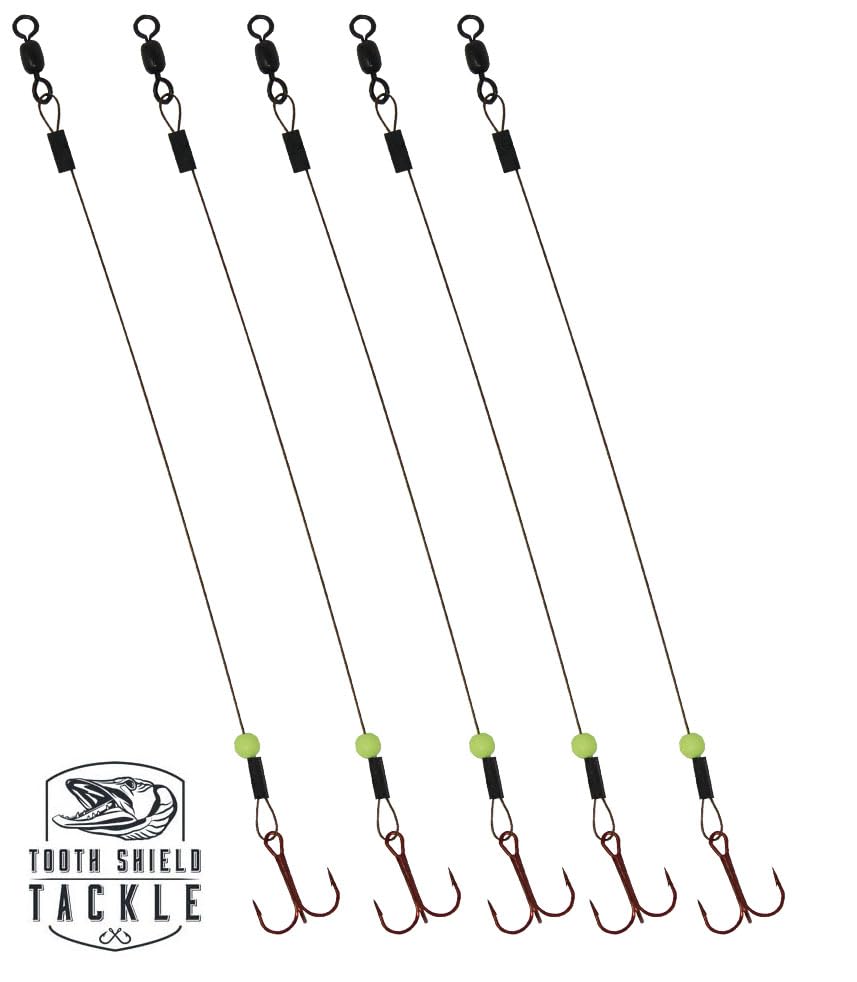 Tooth Shield Tackle Ice Fishing Tip Up Leader/Rig (90 lb) / Ice Fishing Sucker Walleye Pike Musky Predator Rig (5 Pack) [Camo Wire/Chartreuse Bead] Made in The USA - size: Hook Size: 6