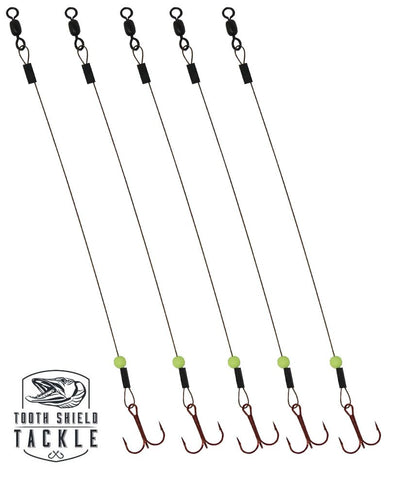 Tooth Shield Tackle Ice Fishing Tip Up Leader/Rig (90 lb) / Ice Fishing Sucker Walleye Pike Musky Predator Rig (5 Pack) [Camo Wire/Chartreuse Bead] Made in The USA - size: Hook Size: 2