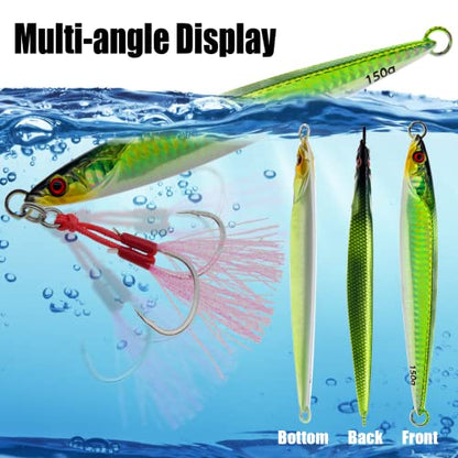 3pcs Saltwater Vertical Fishing Jigs Metal Jigging Spoon | Speed Fast Deep Sea Jigging Fishing Lures Luminous Lead Jigs with Assist Hooksfor Tuna Bass Dogtooth Grouper(5.29oz/5.64oz) - color: B-speed fast sinking fishing jigs 5.29oz