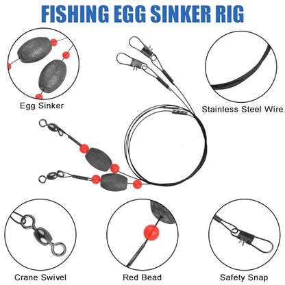 Carolina Rig Saltwater Flounder Fishing Rigs, Stainless Steel Wire Leader with Egg Sinker Weights, Swivel Snaps Ready Rig for Catfish Grouper Drum Redfish Bottom Surf Fishing - size: 1oz-6pcs