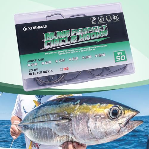 XFISHMAN-Inline-Circle-Hooks-Saltwater-Freshwater-for-Catfish-Tuna-Bass-Octopus-Hooks-Big-Hook-Fishing 50 Pack - color: Black, size: 6/0 50-Pack