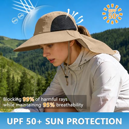 Sun Hat for Men Women with Neck Flap,UPF 50+ UV Protective Hiking Fishing Hats,Wide Brim Sun Hat for Women&Men - color: 1pack-khaki