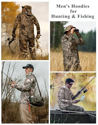 FISHEAL Men's Hunting Shirts with Mask - UPF 50+ Camo Long Sleeve Fishing Hoodie Shirt with Adjustable Drawstring - color: Autumn Forest, size: Small
