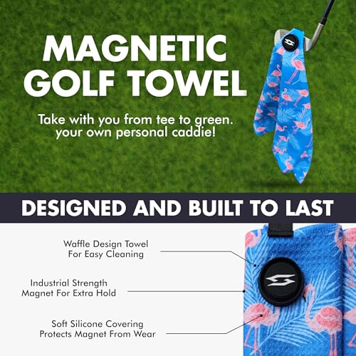Magnetic Microfiber Waffle Golf Towel – Large 16"x24" Clean Golf Club Ball Magnet Clip to Hang on Bag Cart Strong Premium Strength Ultra Absorbent Gear Blue Men (Flamingo Blue Palms) - color: Flamingo Blue Palms
