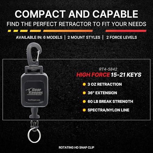 Gear Keeper Retractable Keychain with Stainless Steel Rotating Belt Clip - Split Ring Tactical Keychain for Keys & Badges - Holds Up to 21 Equipment Keys - High Force, 32-Inch Extension - USA Made - size: 15-21 Keys
