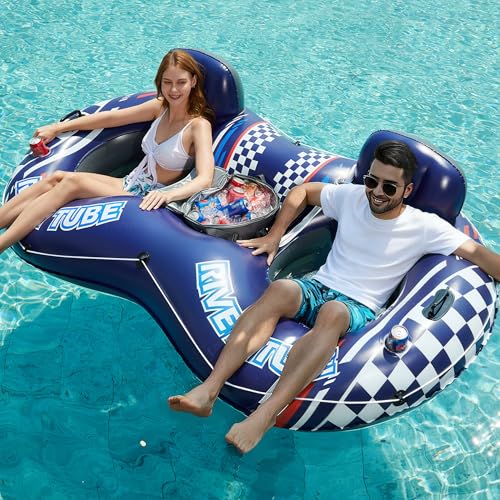 Jasonwell Inflatable River Tube Float - 2 Person Heavy Duty River Float Pool Floats with Removable Cooler Lake Water Tubes for Floating River Raft Lounge Floatie with 2 Cup Holders for Adults (D-Blue) - style: DoubleTube-Blue