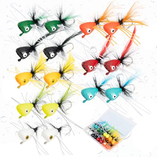 16 Pcs Topwater Fishing Lures Fly Fishing Poppers, 8 Color Popper Lures for Bass Bluegill Crappie Trout Salmon Panfish Perch, Topwater Lures Kit