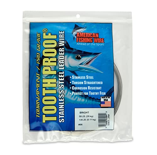 AFW Tooth Proof Stainless Steel Single Strand Hard Leader Wire - Bright and Camo for Shark, Barracuda, King Mackerel, Wahoo, Snook Bite Protection for Toothy Critters, Rigging Baits and Lures - color: Bright, style: #6, 58 Lb Test, 1/4 Lb