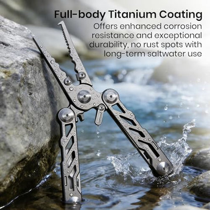 Pristis Foldable Fishing Pliers with Multitools, Saltwater Resistant Titanium Coated Stainless Steel, Portable Full-Sized Forceps with Tungsten Line Cutter, Ring Splitter, Hook Remover and Multi Tool