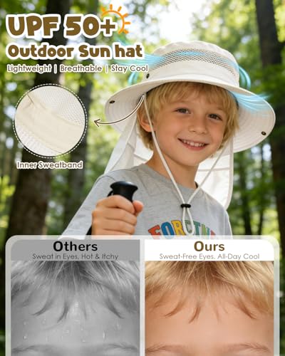 Century Star Kids Sun Hat with Detachable Neck Flap,UPF 50+ Windproof Waterproof Beach Bucket Hat Outdoor Fishing Safari - color: Beige