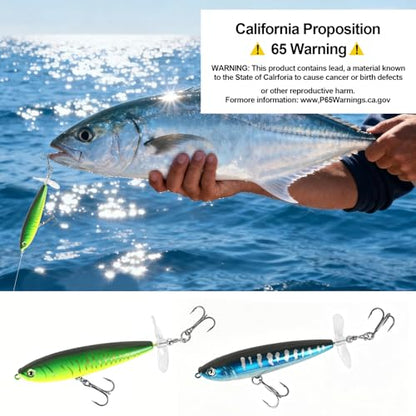Whopper Fishing Lure for Bass：Popper Top Water Fishing Lures with Floating Rotating Tail Barb Treble Hooks Saltwater Freshwater Plopping Lures Kit - color: Blue Green
