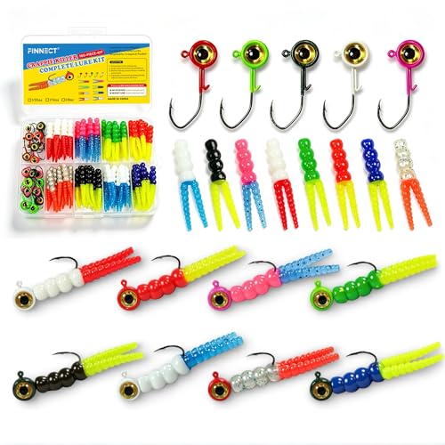 100PCS Crappie Lures Kit, Split Tail Soft Plastic Baits & 3 Sizes Jig Heads 1/32oz 1/16oz 1/8oz, Panfish Bluegill Shad Minnow Fishing Jig Lures Complete Tackle Box Set - size: 20pcs 1/8oz Jig Heads + 80pcs Soft Lures Combo
