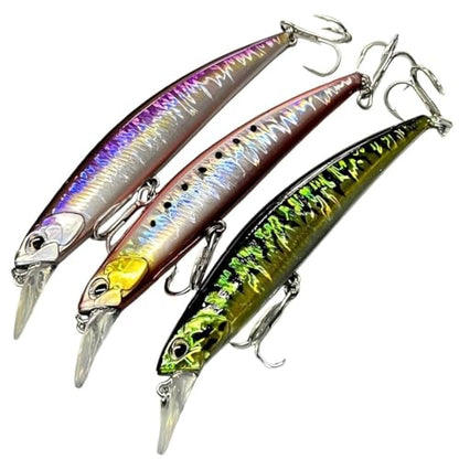 3pcs Iridescent Minnow Fishing Lures Set - 5" Sink Swimbaits, Ultra Long Casting, High-Index Plastic, Multi-Color with Treble Hooks Clear Storage Box - Perfect for Sea Fishing Bait - color: AH1328B-5'' 1oz