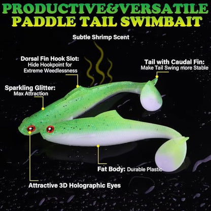 LUCKYFISHING Paddle Tail Swimbaits Soft Plastic Swimbaits Soft Baits for Bass Fishing Trout Crappie Walleye Freshwater Saltwater 10/16/20 PCS Soft Plastic Baits 4/3.5/3/2.5 Inch - color: Green, size: 3 inch-16pcs