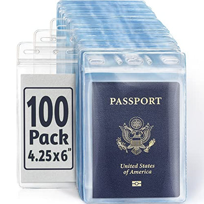 4x6 XXL Passport, ID, Name Card Holders - Vertical, Resealable, 100 PK | EcoEarth clear plastic waterproof passport holder with soft edge and zipper seal, 5 pre-punched holes for all lanyard clips - size: 100 Pack