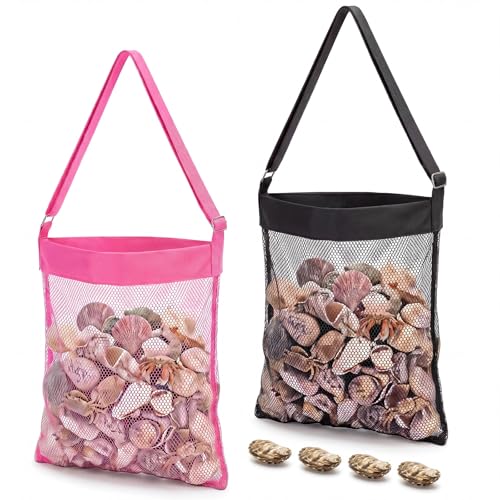 VioraWhite 2 Pcs Extra Large 14 x 16inch Clam Mesh Chum Beach Bags for Seashells Clams Treasures Sand Away Foldable Shell Collection Bags with Adjustable Straps (Pink,Black) - color: Pink,Black