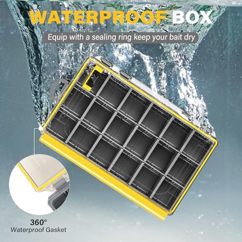 Waterproof Anti-Corrosion Tackle Box One Hand Latch 3600 and 3700 Organizer with Removable Dividers Lure Box and Terminal Tackle Trays Fishing Storage Yellow (3700) - size: 3700