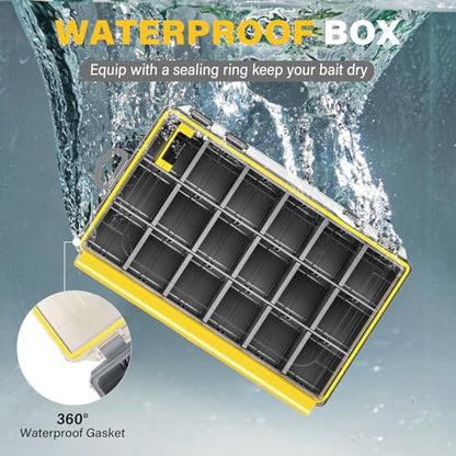 Waterproof Anti-Corrosion Tackle Box One Hand Latch 3600 and 3700 Organizer with Removable Dividers Lure Box and Terminal Tackle Trays Fishing Storage Yellow (3600) - size: 3600