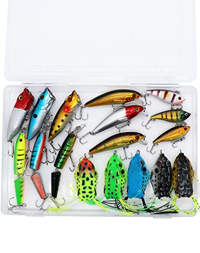 Fishing Lure Set Fishing Spoons Frog Lures Soft Hard Metal Lure Crank Popper Minnow Pencil Jig Hook for Trout Bass Salmon with Tackle Box - color: Mix-17pcs